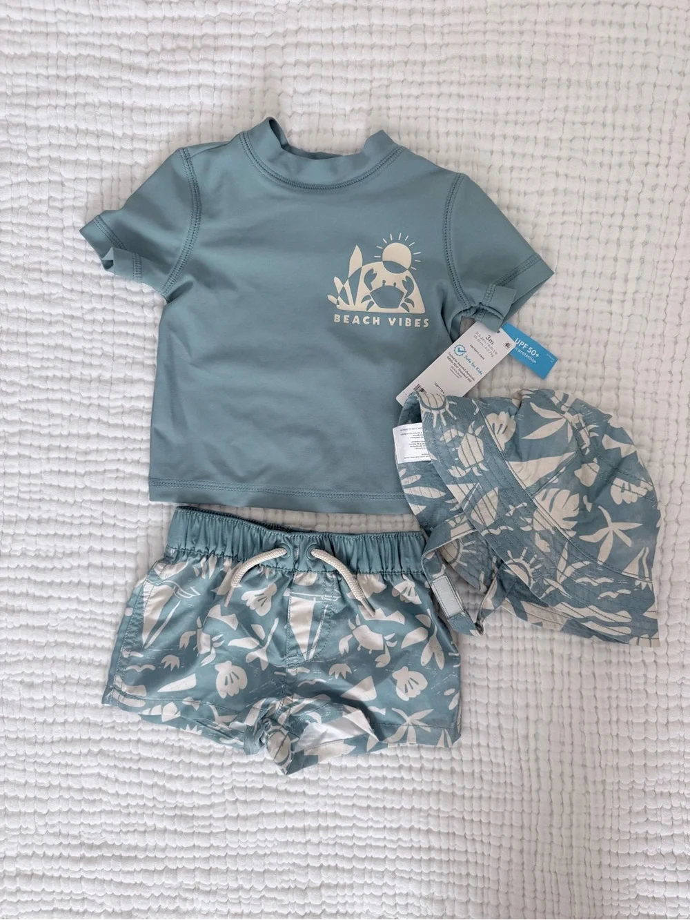 Carter's Dusty Blue Kids' Rashguard Set with Floral Hat & Shorts